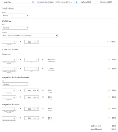 Logic Apps pricing table showing various plan options, including workflows, connectors, and integration service environments, with associated costs.
