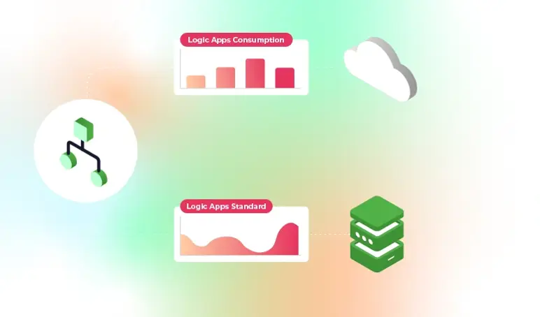 Diagram illustrating Logic Apps consumption, standard, and a server, with associated graphs and cloud icon.